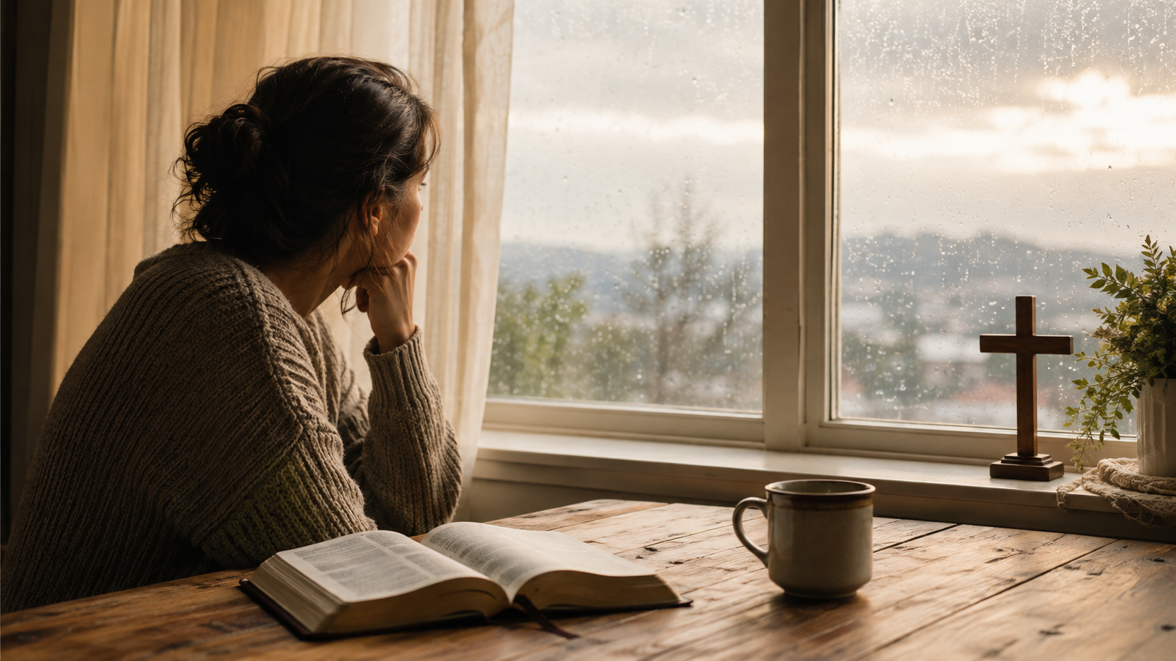 Mujer reflexionando junto a una ventana con una Biblia abierta en un día lluvioso